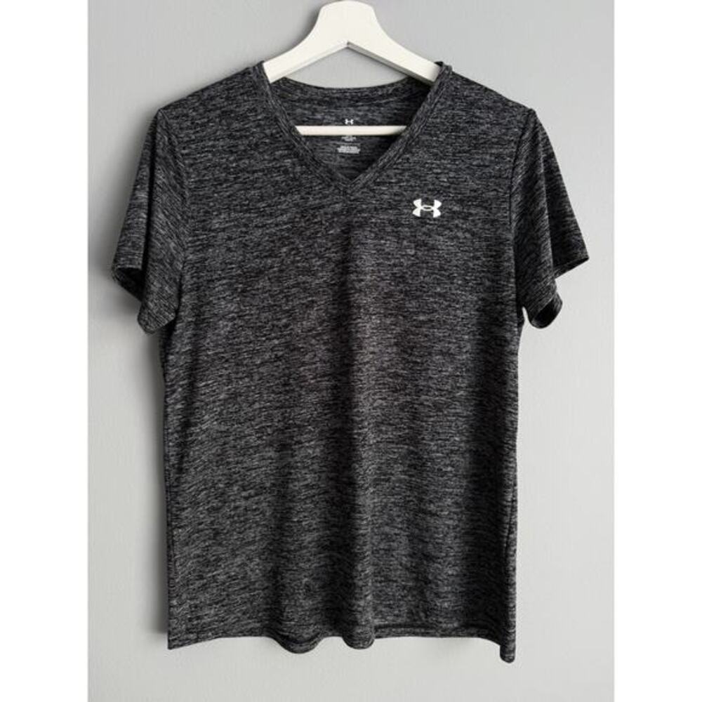 Under Armour HeatGear V-Neck T-Shirt Women M Gray Athletic Gym Top Activewear